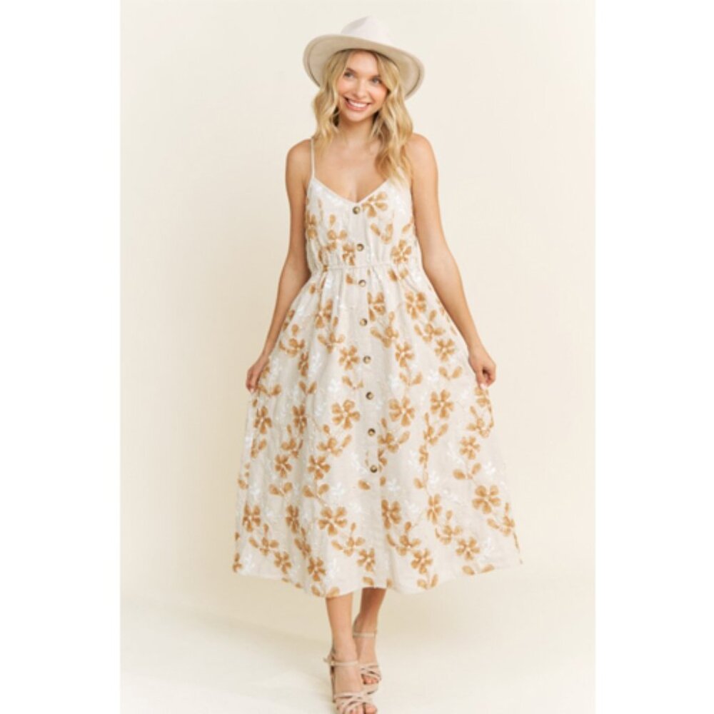 MA12. 3D Floral Textured Natural Woven Fabric Tank Midi Tiered Dress